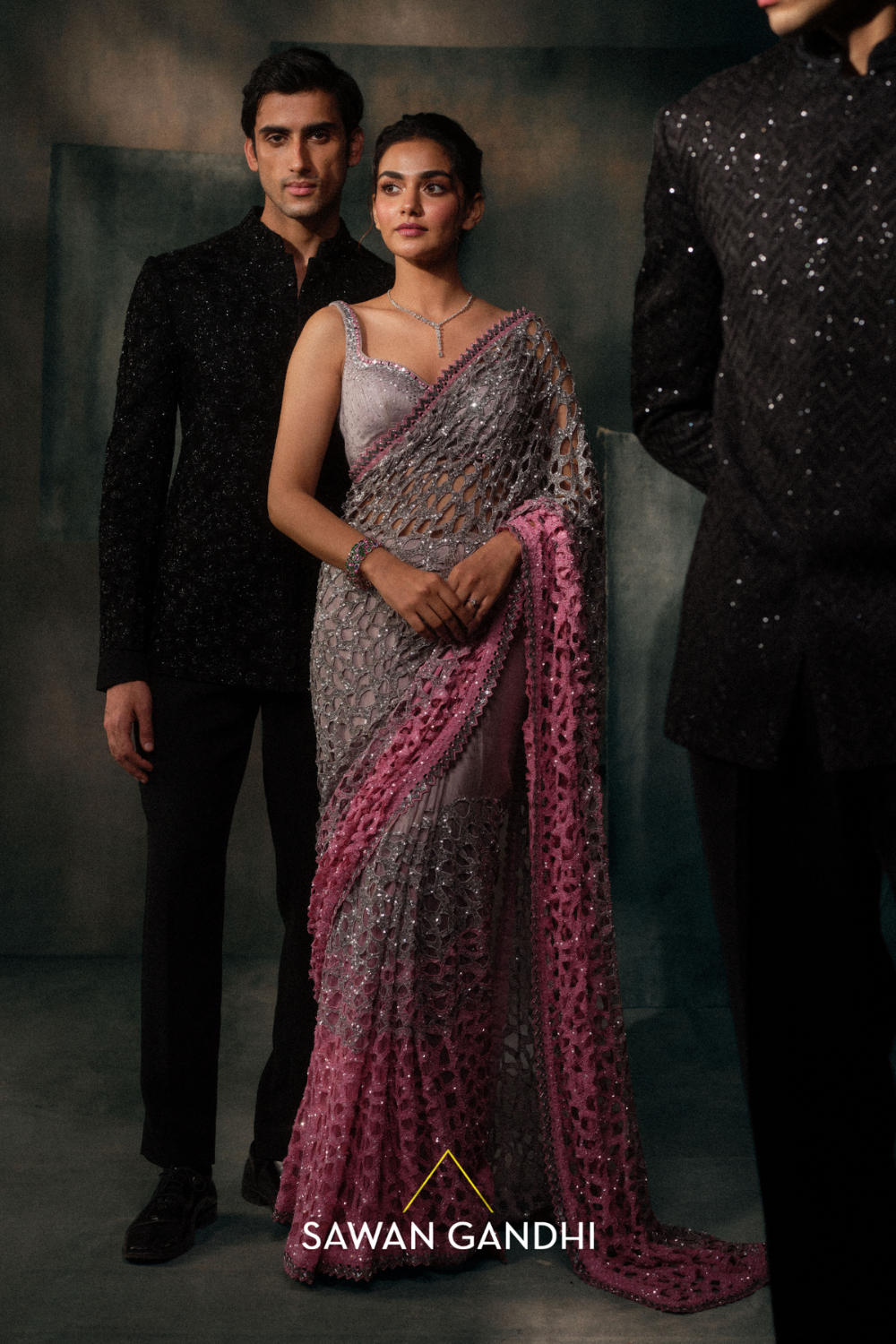 Silver To Pink Ombre Cutwork Saree