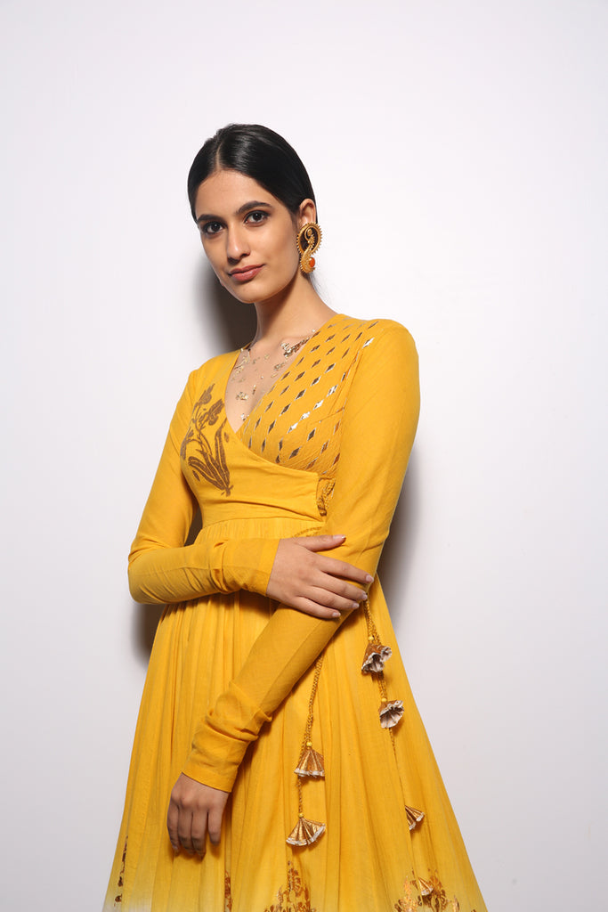 Turmeric &amp; Ivory Khadi Embroidered &amp; Foil Printed Angrakha Set
