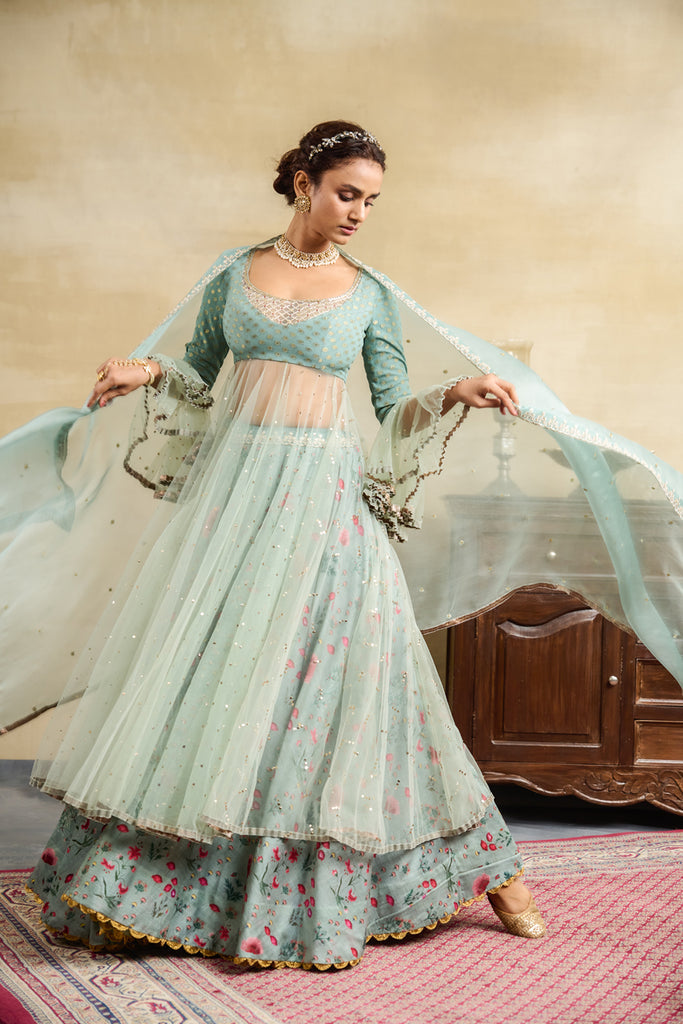 Aqua Floral Printed &amp; Embroidered Anarkali Set