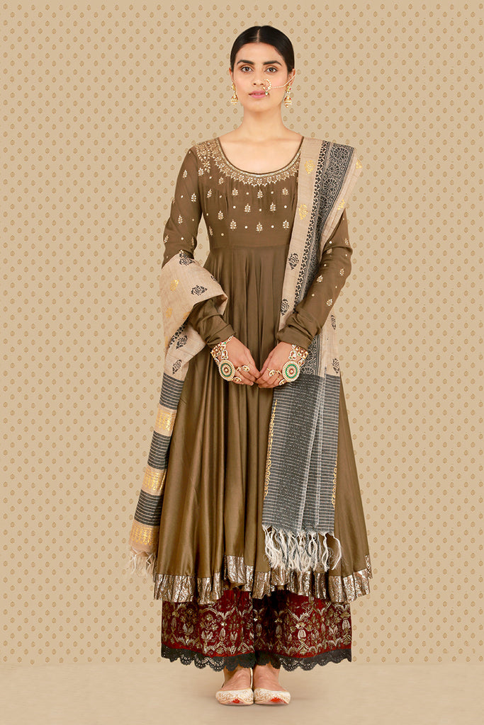 Elegant Embroidered Anarkali Kurta, Izhaar &amp; Dupatta Set
