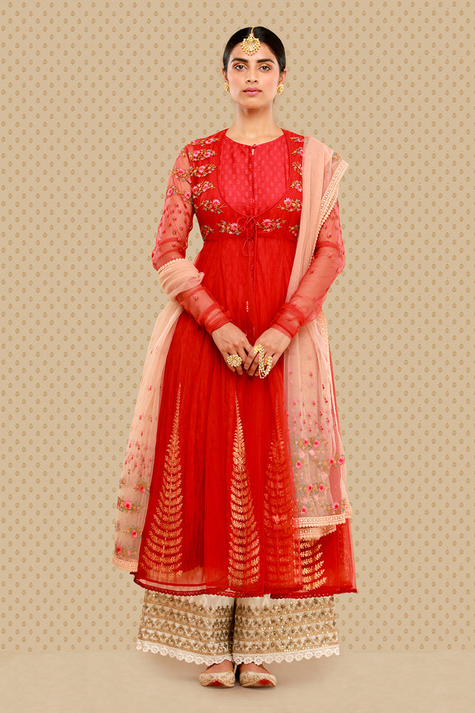 Attractive Red Embroidered Anarkali, Kurti, Izhaar &amp; Dupatta Set