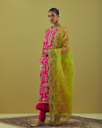 Fuschia Kurta Set With A Crinkled Kalidar Inner And Dupatta