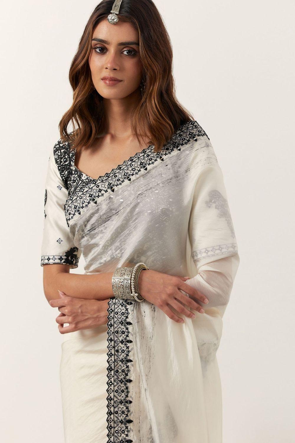 Ivory Printed Resham &amp; Mirror Work Saree Set