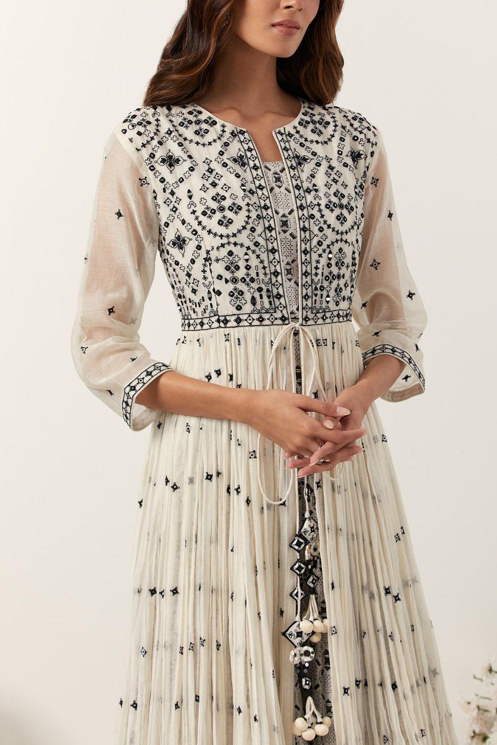 Ivory Resham &amp; Mirror Work Front Open Anarkali Set
