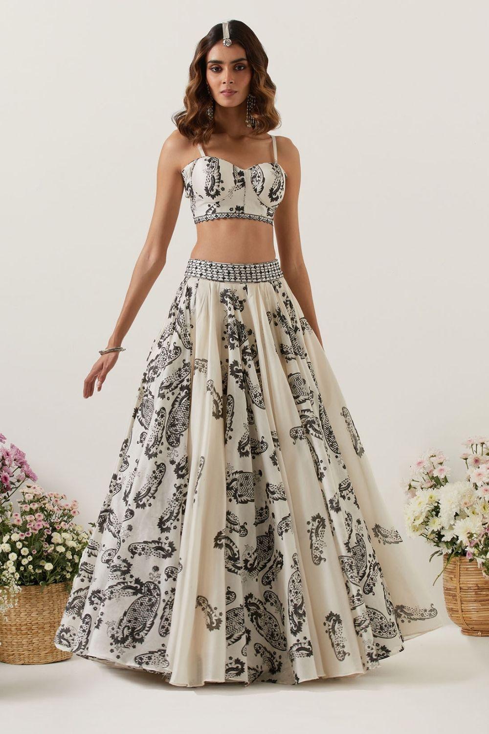 Ivory Printed Skirt Paired With Bralette &amp; Cape