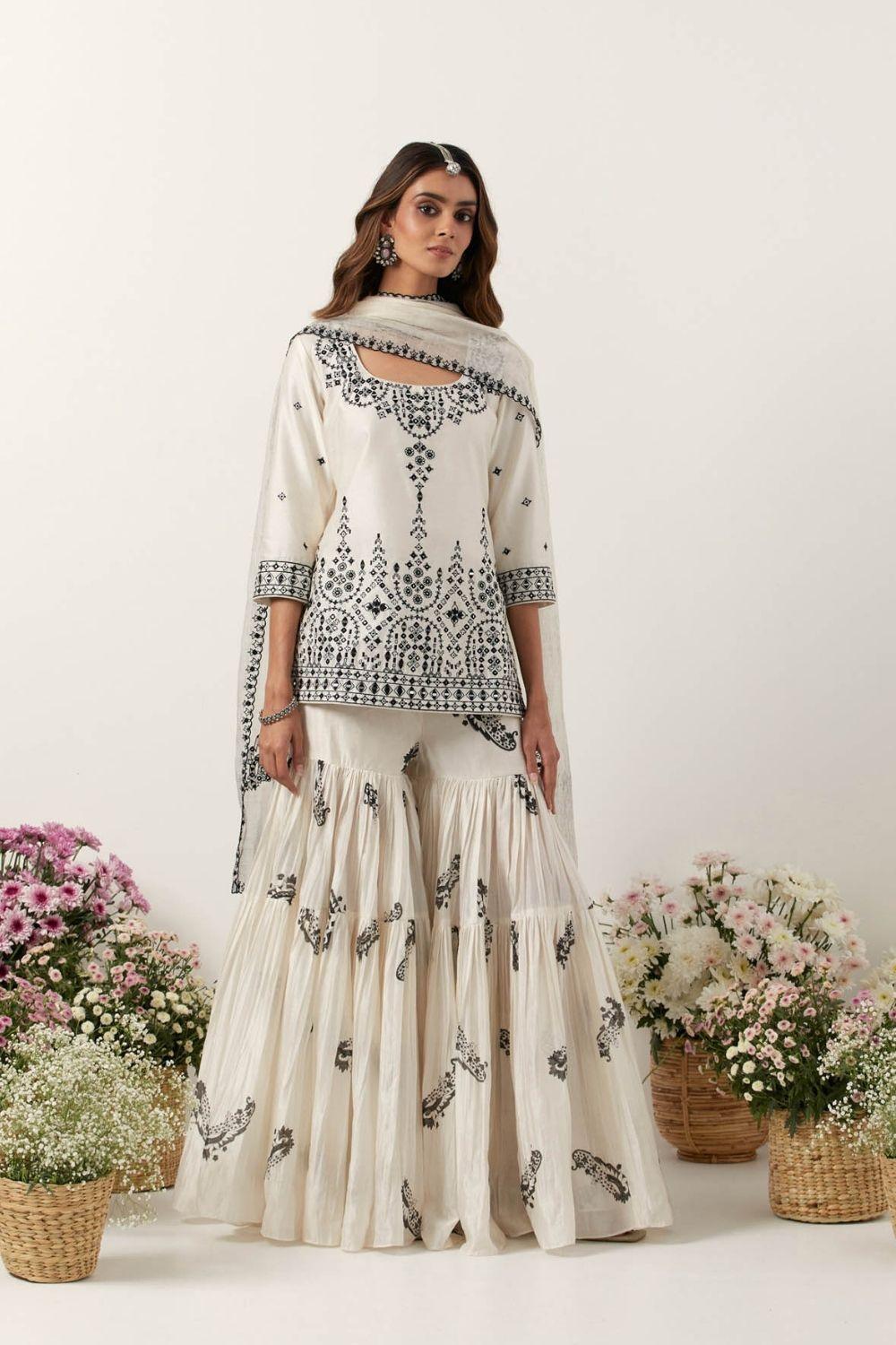 Ivory Mirror &amp; Resham Embroidered Kurti Paired With Gharara &amp; Dupatta