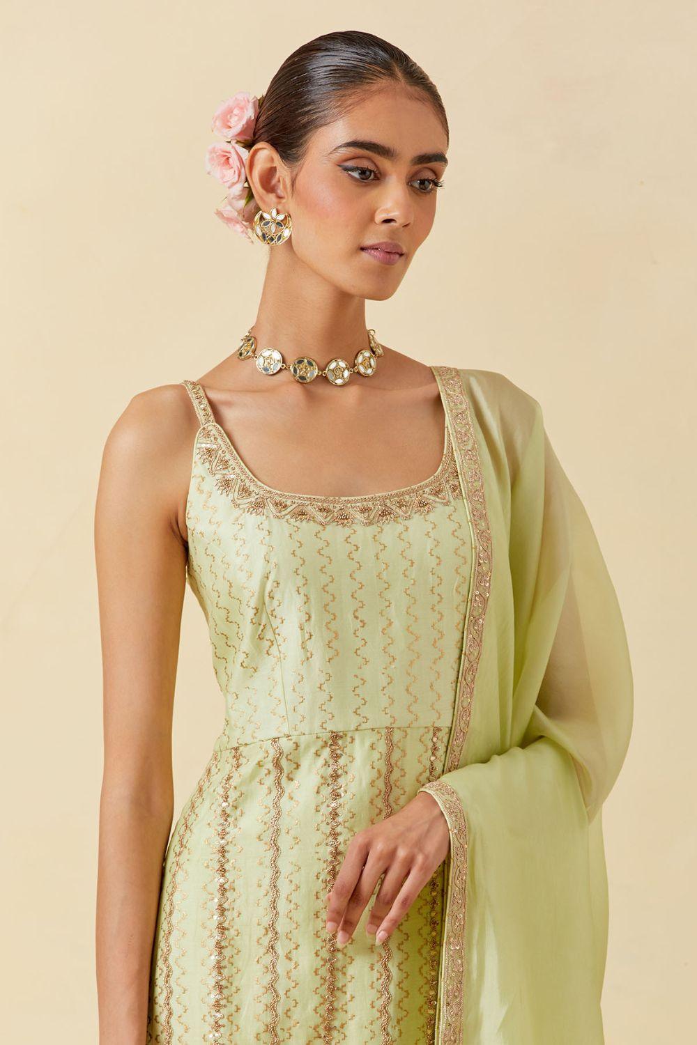 Mint Printed Kurta With Dupatta &amp; Churidar