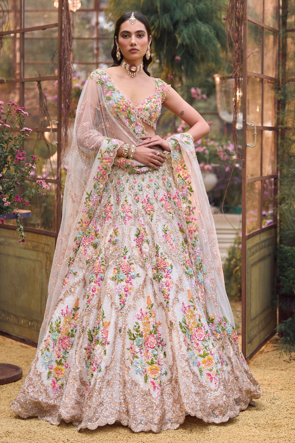 Cream Multi Coloured Floral Lehenga Set