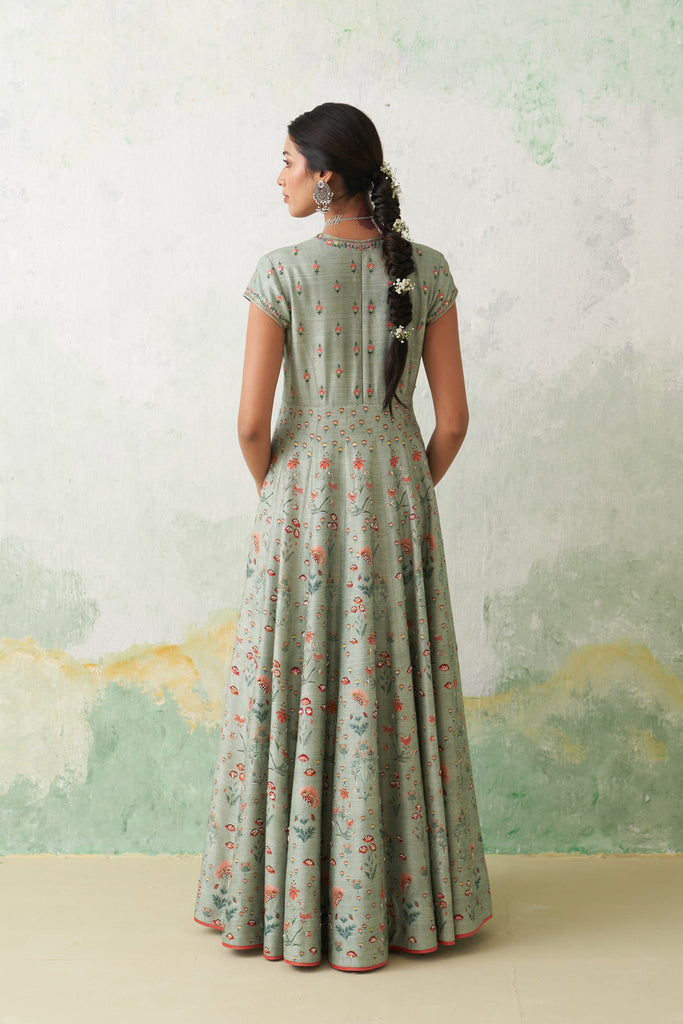 Aqua Dupion Printed &amp; Emb. Anarkali Set