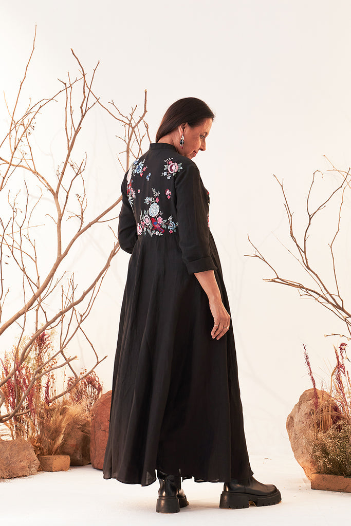 Black Linen Georgette Multicolour Emb. Anarkali Set