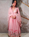 Old Rose Silk Chanderi Lotus Printed Anarkali Set