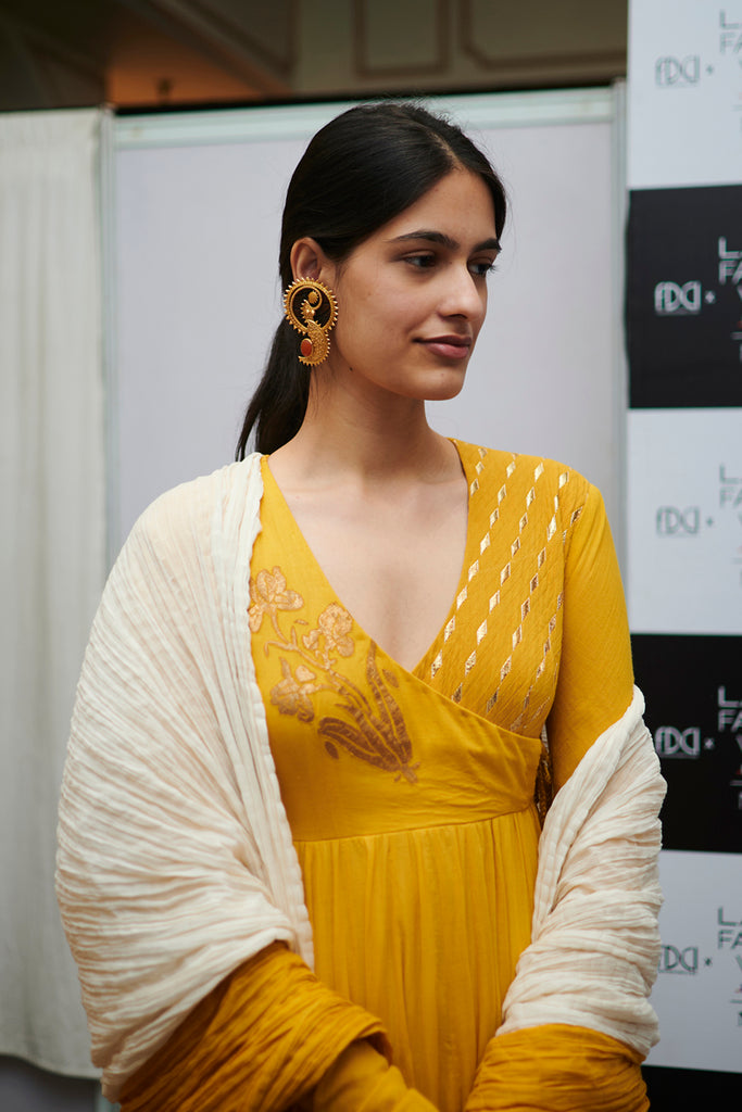 Turmeric &amp; Ivory Khadi Embroidered &amp; Foil Printed Angrakha Set