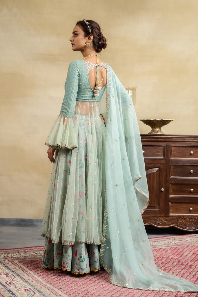 Aqua Floral Printed &amp; Embroidered Anarkali Set