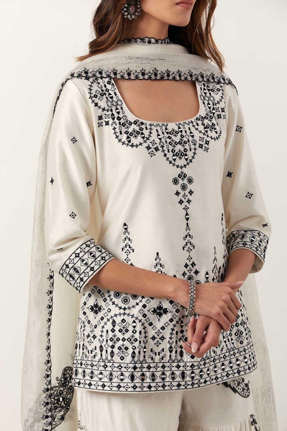 Ivory Mirror &amp; Resham Embroidered Kurti Paired With Gharara &amp; Dupatta