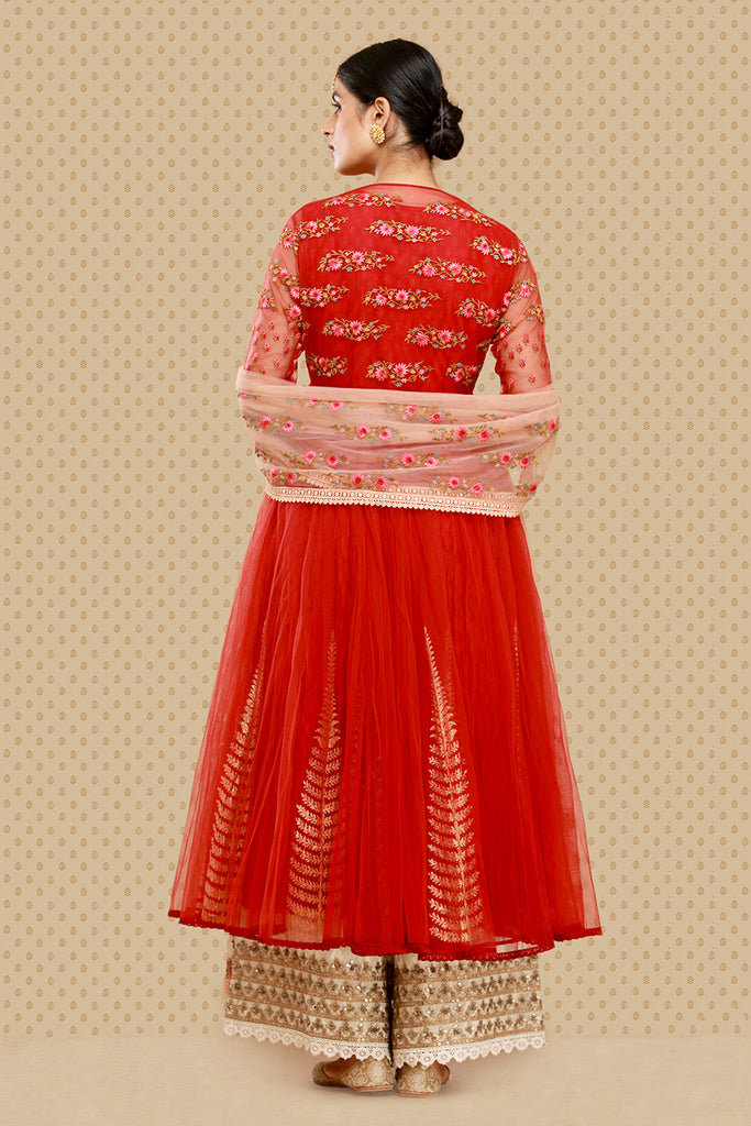 Attractive Red Embroidered Anarkali, Kurti, Izhaar &amp; Dupatta Set