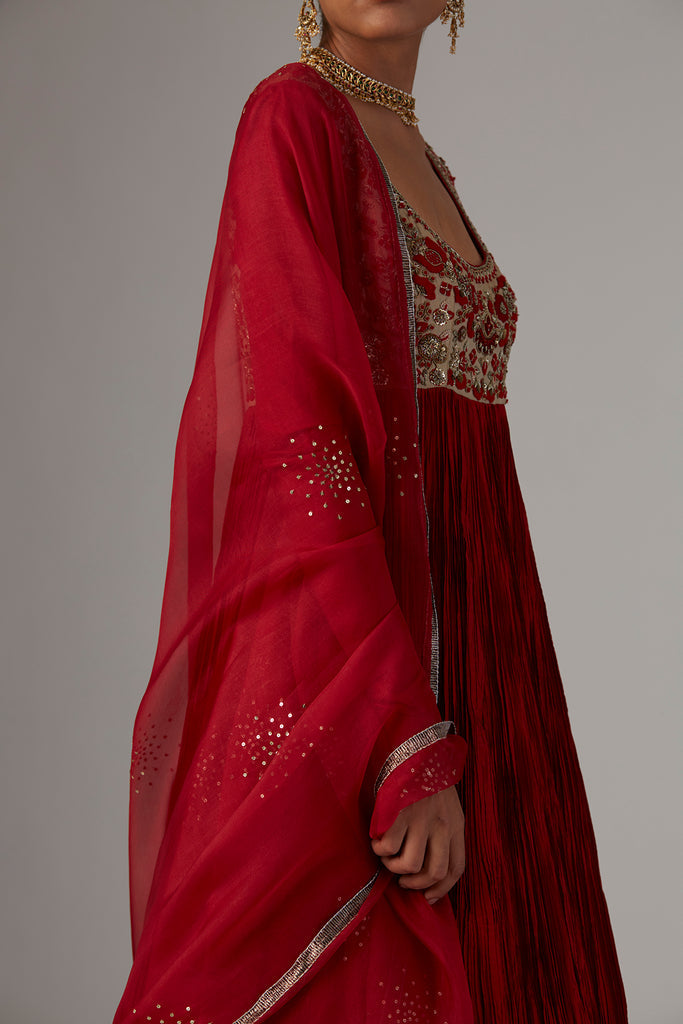 Red Silk Embroidered Anarkali