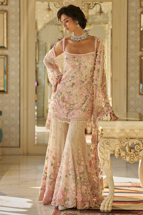 Nude Multi-Coloured Three-Dimensional Sharara Set Full