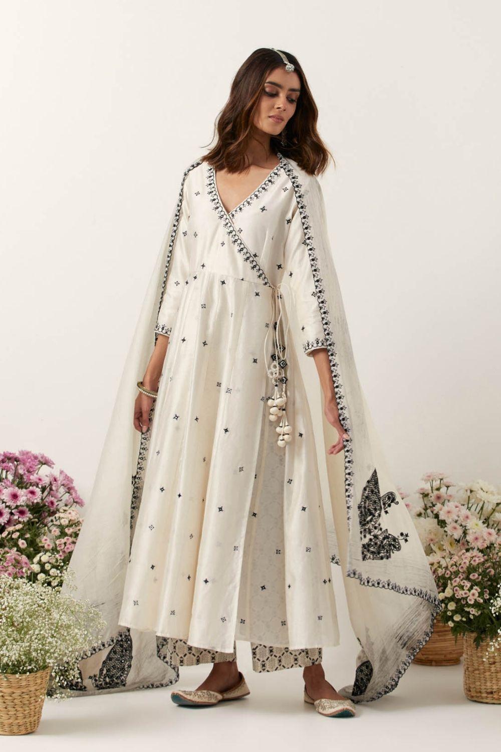 Ivory Mirror &amp; Resham Embroidered Angrakha With Dupatta &amp; Pants