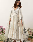 Ivory Mirror & Resham Embroidered Angrakha With Dupatta & Pants