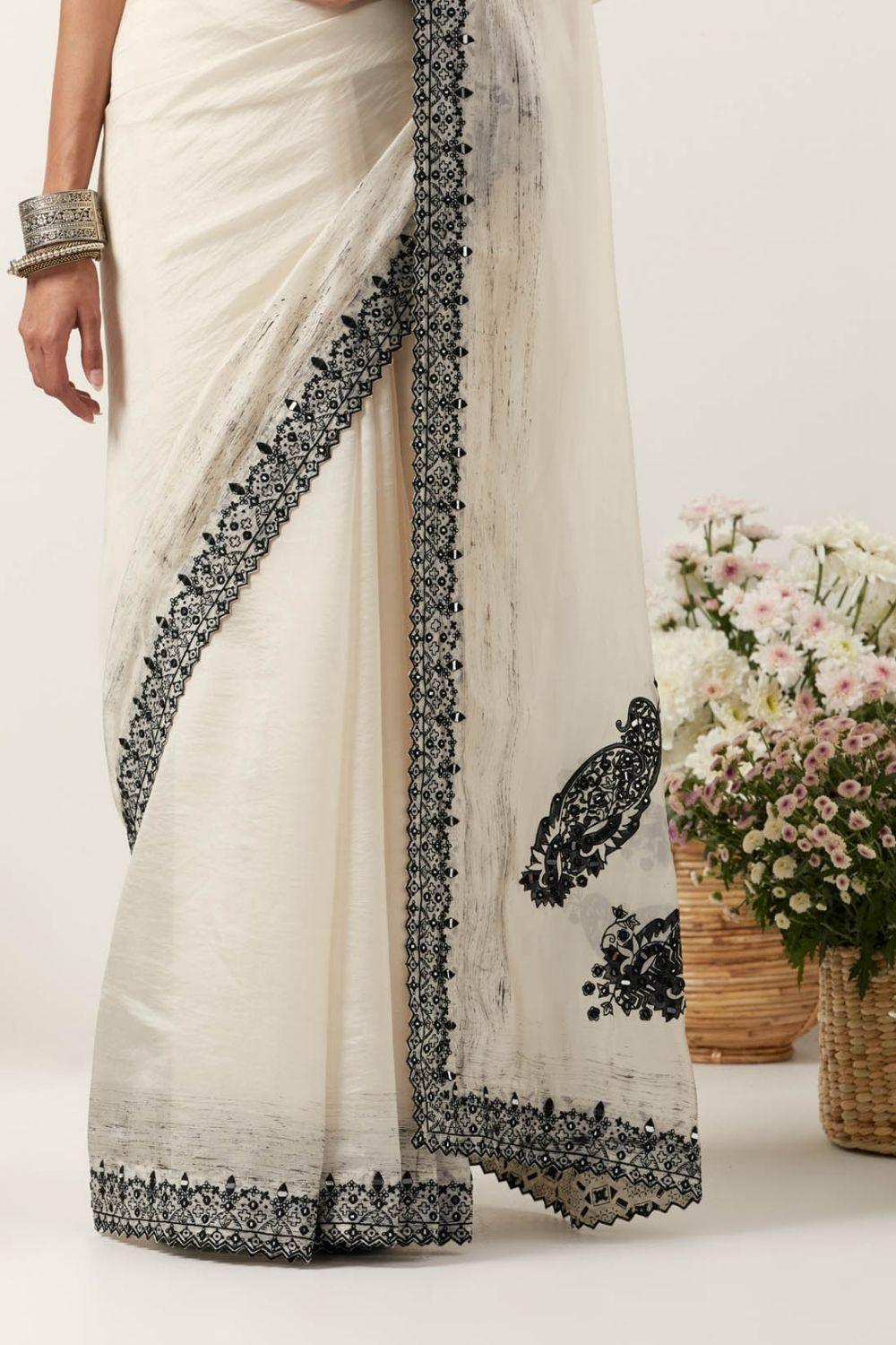 Ivory Printed Resham &amp; Mirror Work Saree Set