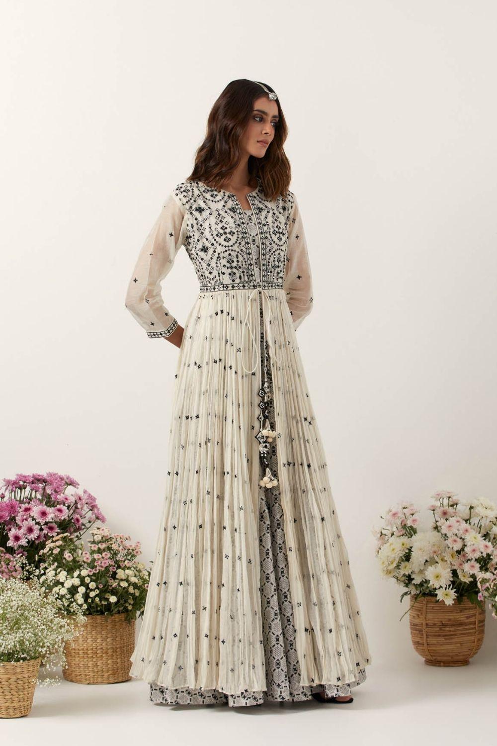 Ivory Resham &amp; Mirror Work Front Open Anarkali Set