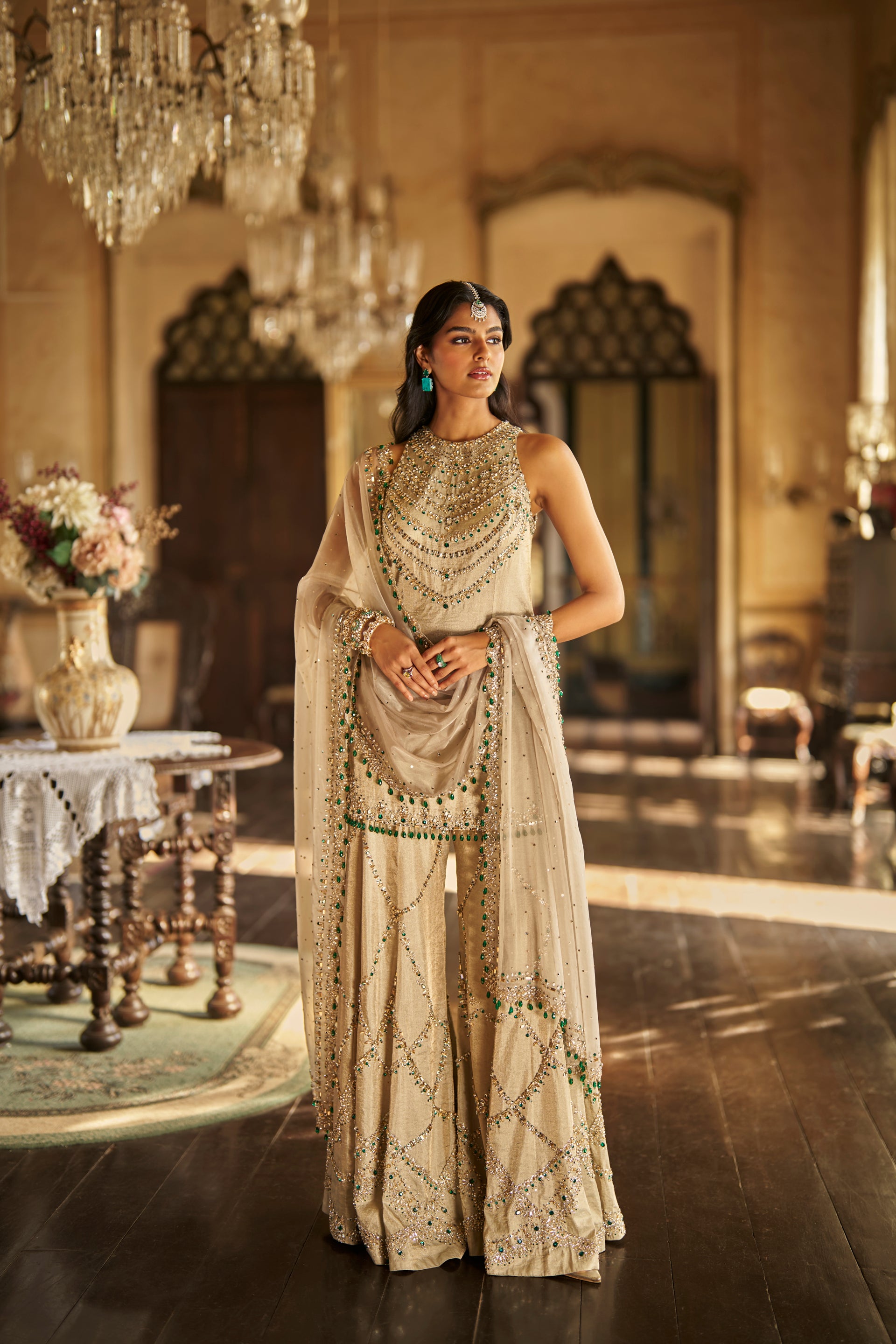 Champagne Emerald Crystal Sharara Set