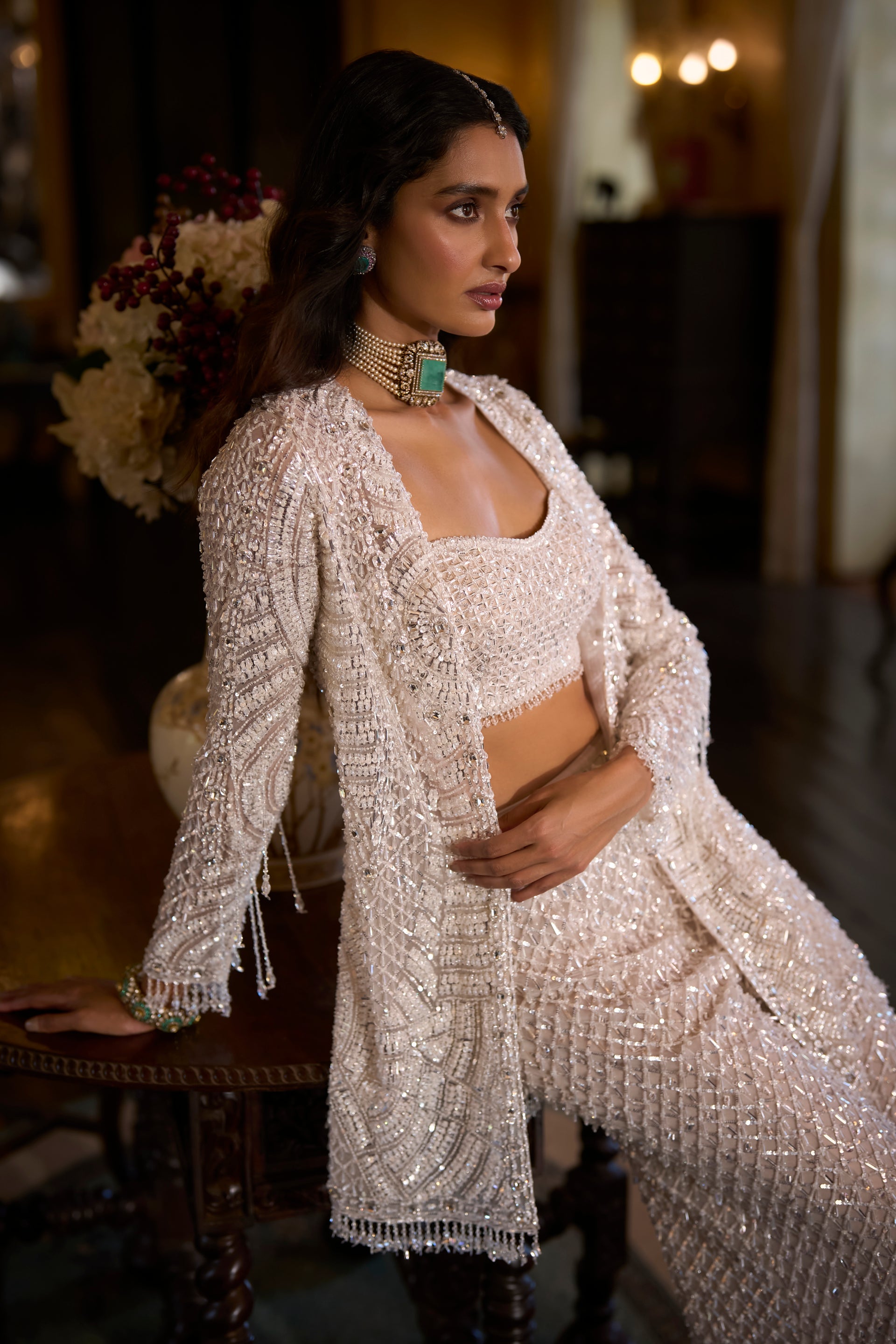 White Sequin  Open Jacket - Sharara Pant Set