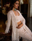 White Sequin  Open Jacket - Sharara Pant Set
