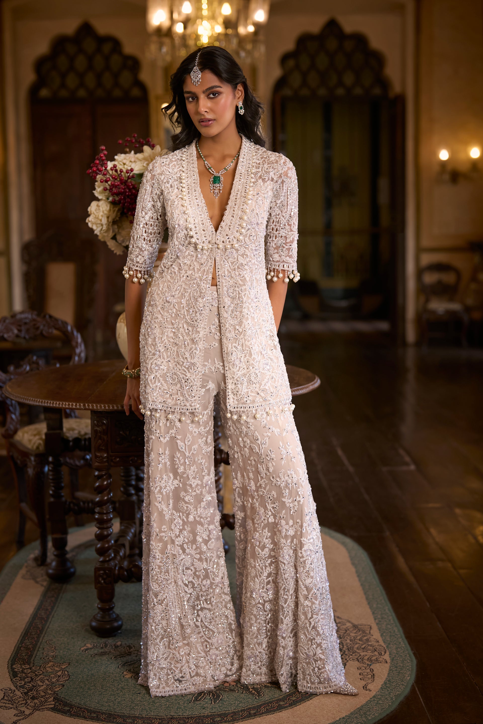 White Sequin Jacket Sharara Pant  Set