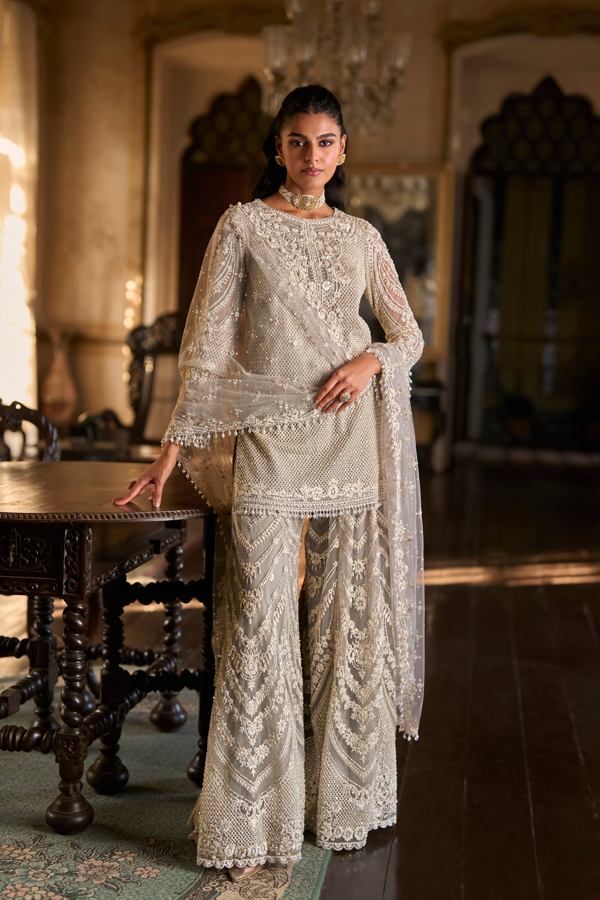 Grey Thread Work Sharara Set
