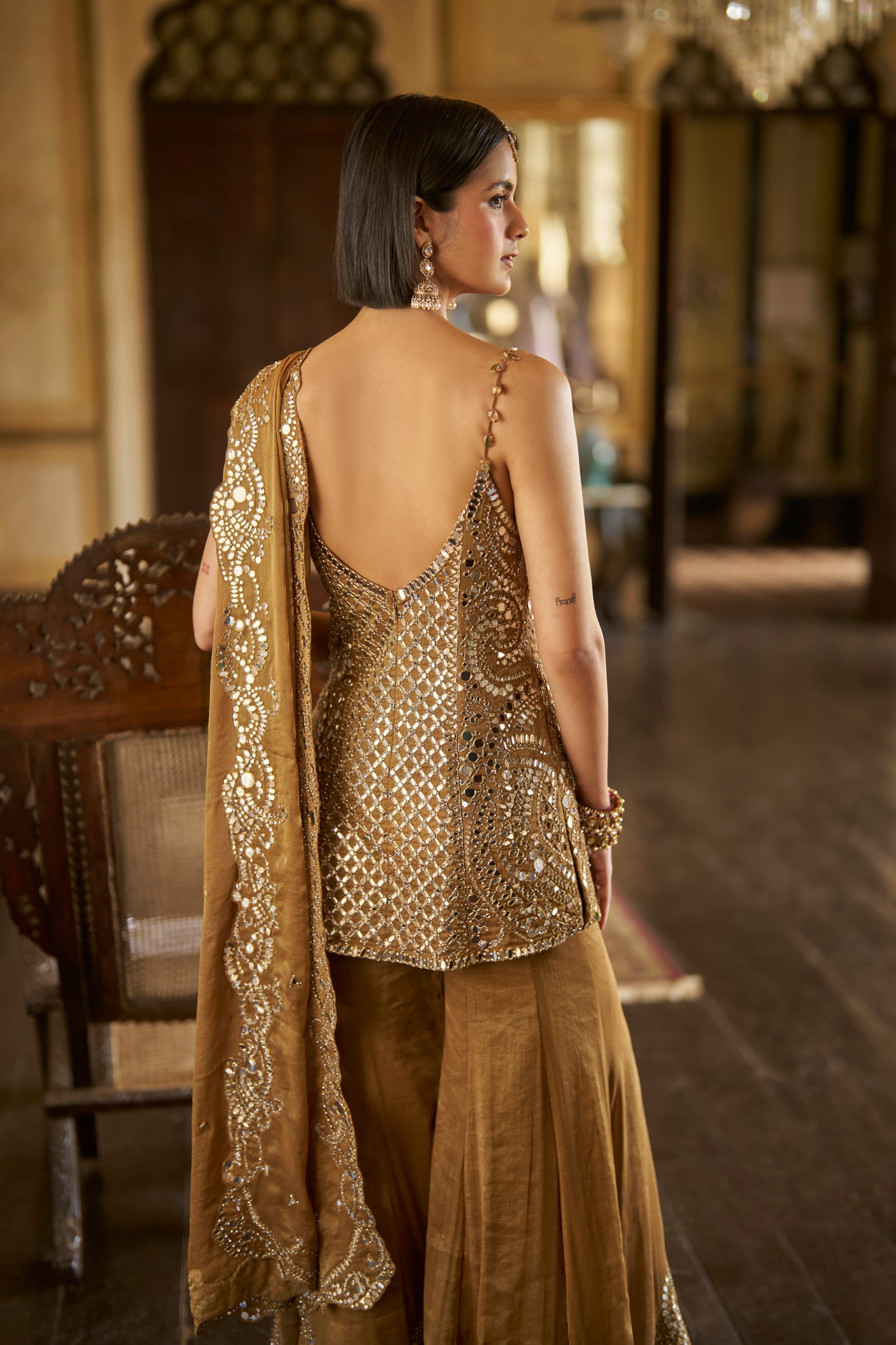 Antique Gold Mirror Sharara Set