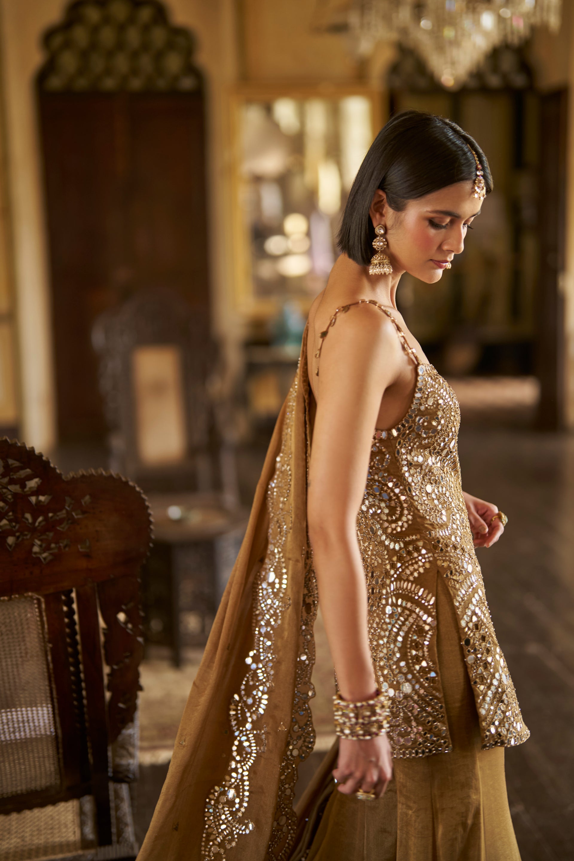Antique Gold Mirror Sharara Set