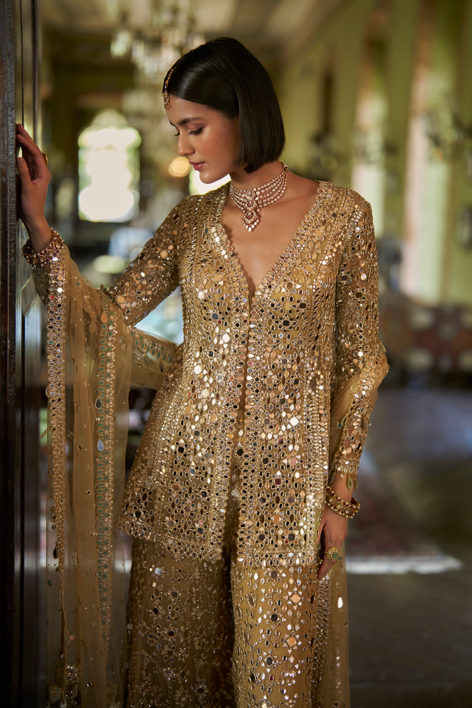 Gold Mirror Work Sharara Set