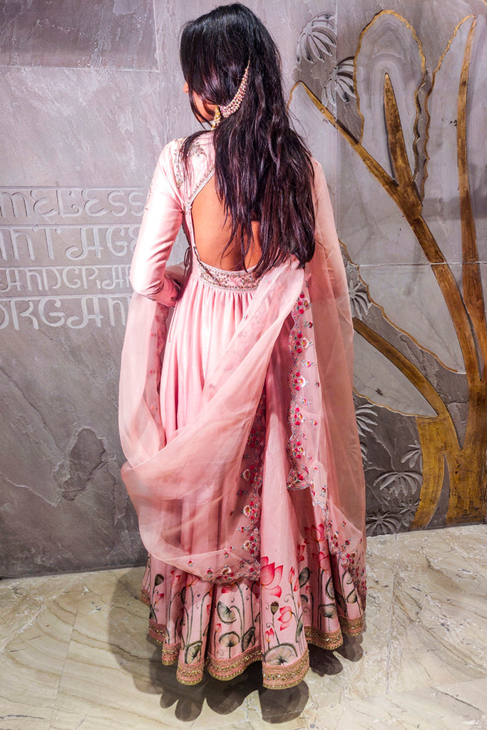 Old Rose Silk Chanderi Lotus Printed Anarkali Set