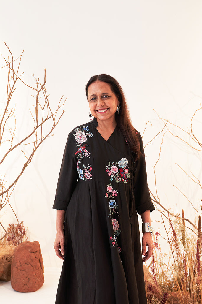 Black Linen Georgette Multicolour Emb. Anarkali Set