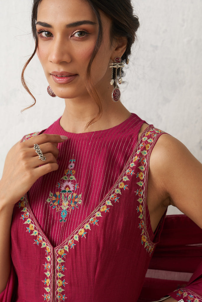 Hot Pink Chanderi Kashmiri Emb. Anarkali Set