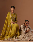 Olive Tissue Anarkali Paired With Churidaar And Dupatta