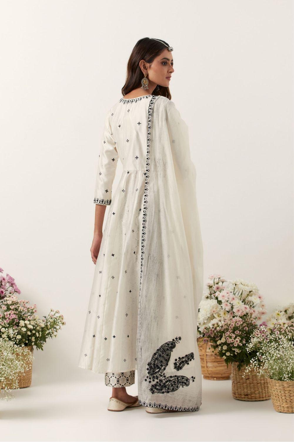 Ivory Mirror &amp; Resham Embroidered Angrakha With Dupatta &amp; Pants