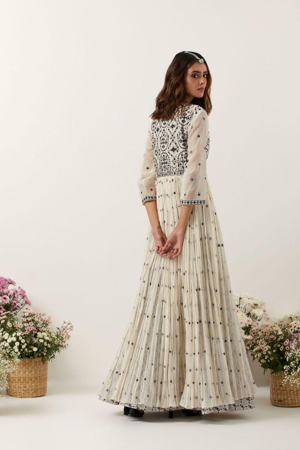 Ivory Resham &amp; Mirror Work Front Open Anarkali Set