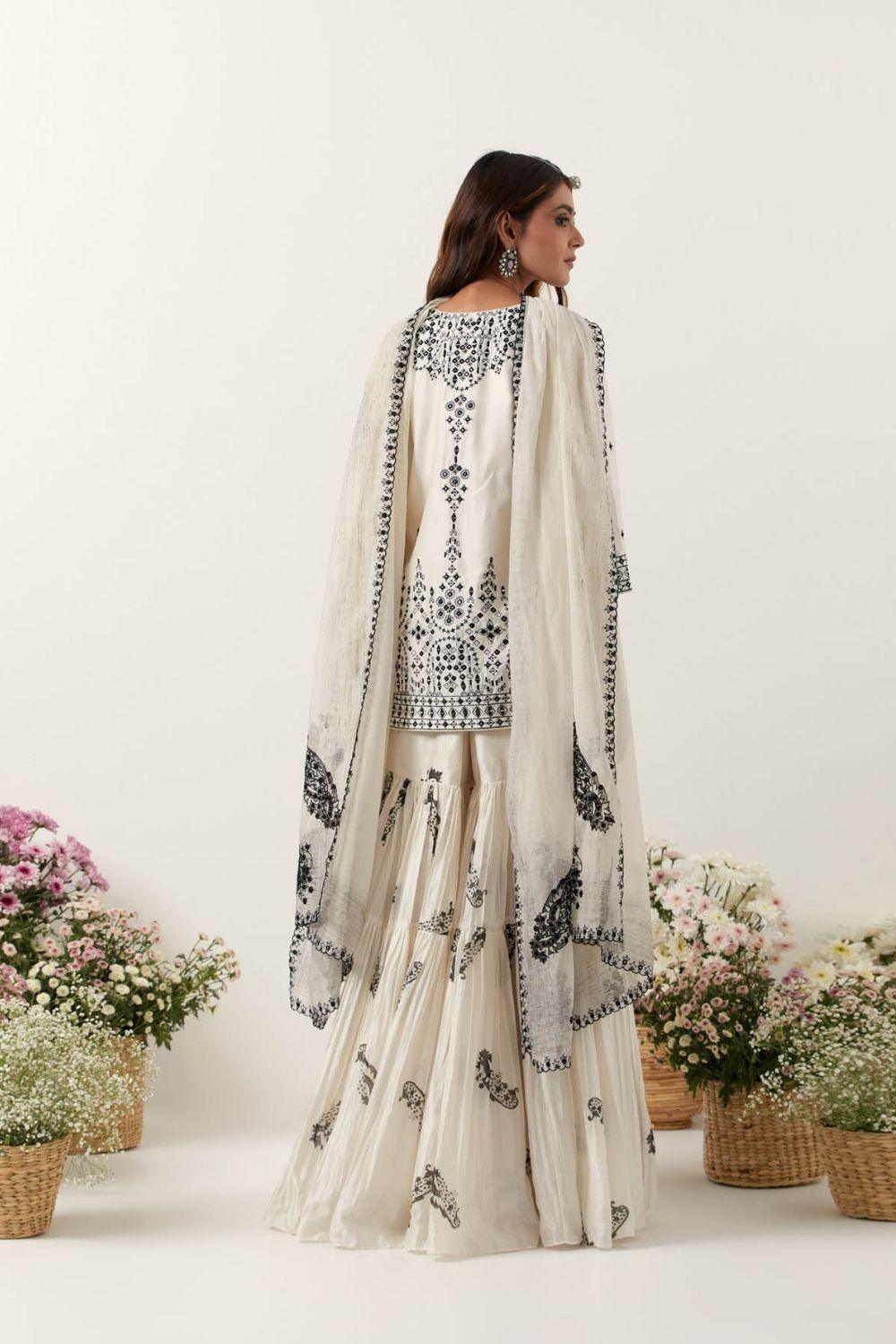 Ivory Mirror &amp; Resham Embroidered Kurti Paired With Gharara &amp; Dupatta