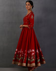 Red Chanderi Printed Embroidered Anarkali Set
