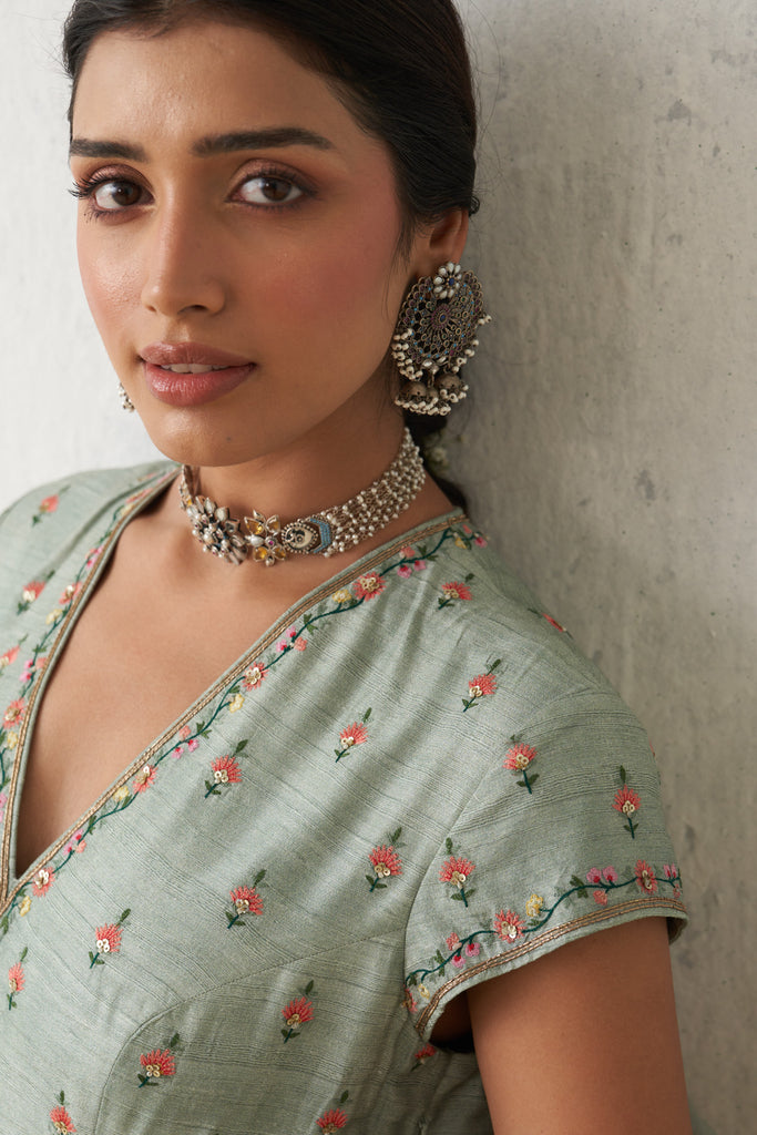 Aqua Dupion Printed &amp; Emb. Anarkali Set