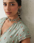 Aqua Dupion Printed & Emb. Anarkali Set