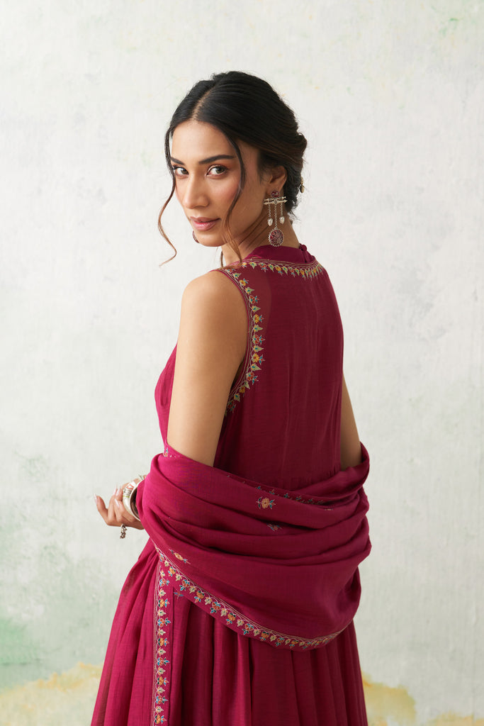 Hot Pink Chanderi Kashmiri Emb. Anarkali Set