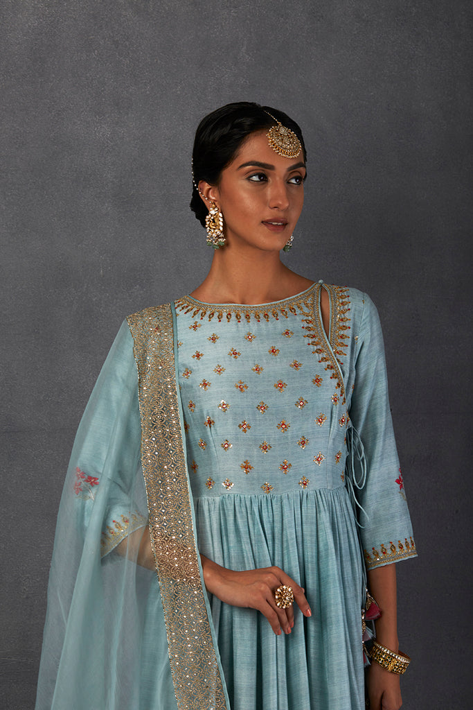 Aqua Silk Chanderi Printed &amp; Embroidered Angrakha Style Anarkali Set