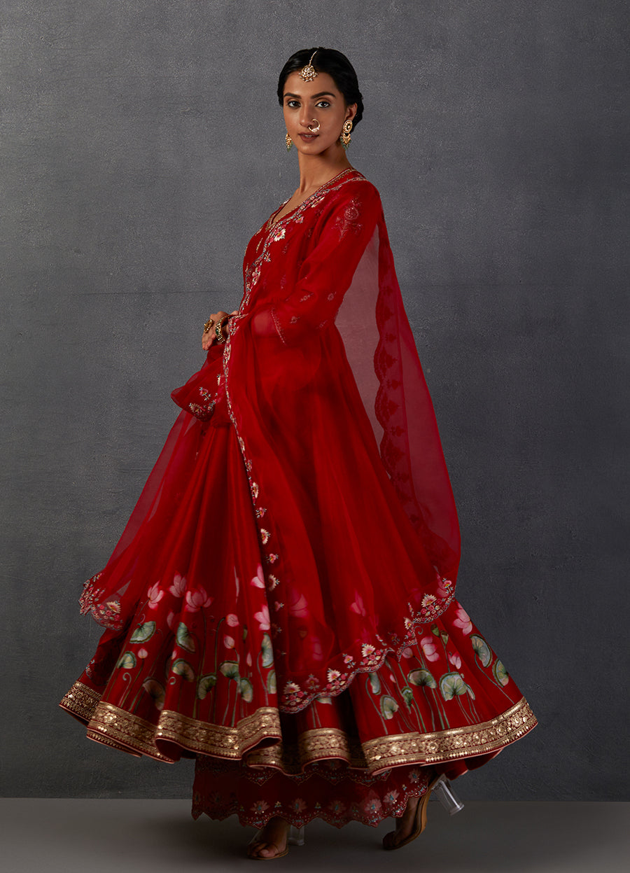 Red Chanderi Printed Embroidered Anarkali Set