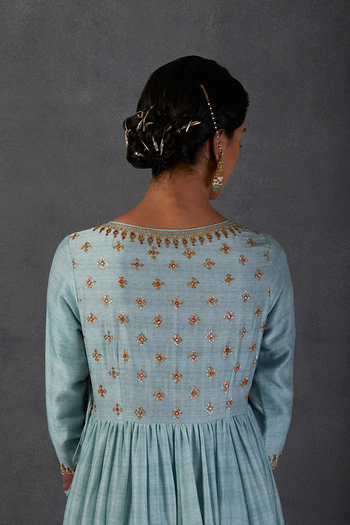 Aqua Silk Chanderi Printed &amp; Embroidered Angrakha Style Anarkali Set