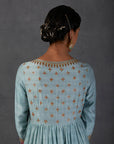 Aqua Silk Chanderi Printed & Embroidered Angrakha Style Anarkali Set