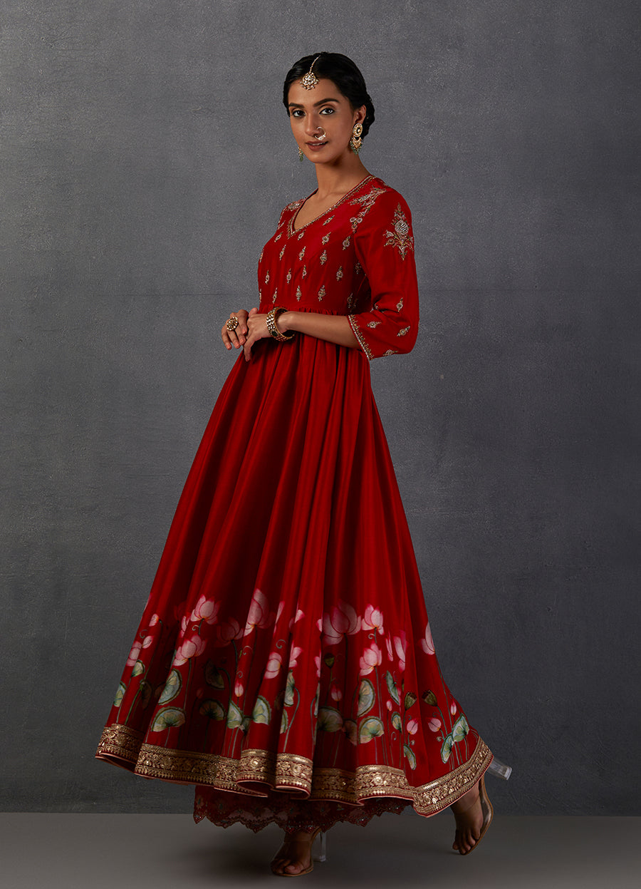 Red Chanderi Printed Embroidered Anarkali Set