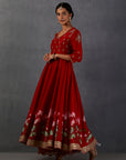 Red Chanderi Printed Embroidered Anarkali Set